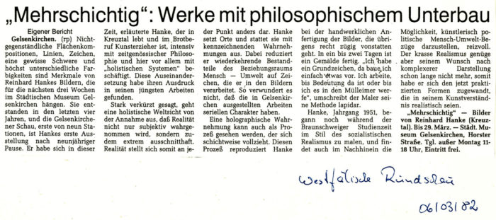 Westfälische_Rundschau Zeitungsbericht Mehrschichtig_Werke_mit_philosophischem_Unterbau Presse Museum Kunstausstellung Künstler Malerei Künstler Werk Philosophie Realität subjektiv Wahrnehmung holistisch Weltsicht Malerei Farbigkeit Beziehungsraum Mensch Umwelt Zeichen seriell Prozess Grundzeichen