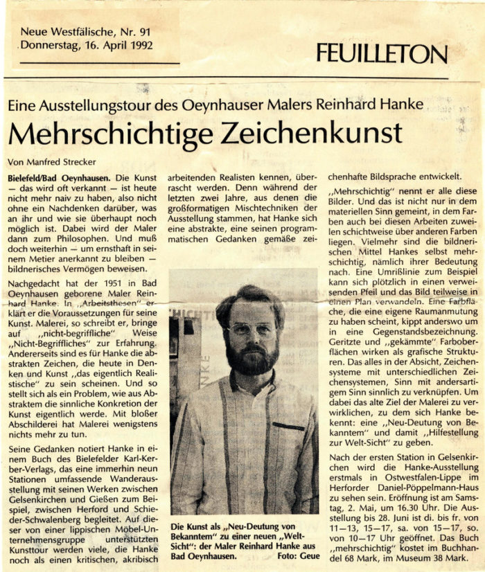 Neue_Westfälische Zeitung Zeitungsbericht mehrschichtige_Zeichenkunst Presse Kunstausstellung Museum Malerei Künstler Bild Feuilleton mehrschichtig Zeichenkunst Philosoph Malerei abstrakt Zeichen realistisch Kunst Mischtechnik zeichenhaft Bildsprache Zeichensystem Sinn Neu-Deutung Weltsicht