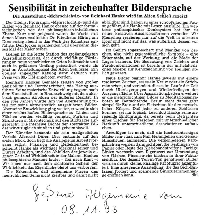 Gießener_Allgemeine Zeitung Zeitungsbericht Sensibilitaet_in_zeichenhafter_Bildersprache Künstler Museum Kunstausstellung Malerei Sensibilität Bildersprache Philosophie Realität Struktur Mischtechnik abstrakt sinnlich Geheimnis Reflektiertheit Schein Sein Denksystem Zeichen Symbol Logo Assoziationskette Meditation Sinnzusammenhang