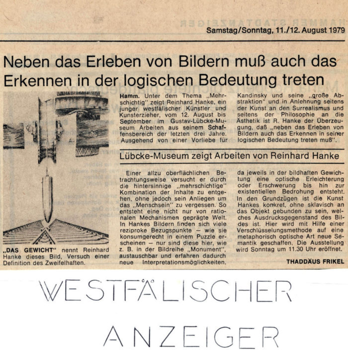 Westfälischer_Anzeiger Zeitung Zeitungsbericht Neben_das_Erleben_von_Bildern_muss_auch_das_Erkennen_in_der_logischen_Bedeutung_treten Presse Museum Kunstausstellung Lübcke-Museum Künstler Bild Semantik Philosophie Ästhetik mehrschichtig Kombination Menschsein rational Mechanismus Interpretation existentiell Bedrohung metaphorisch optisch Semantik