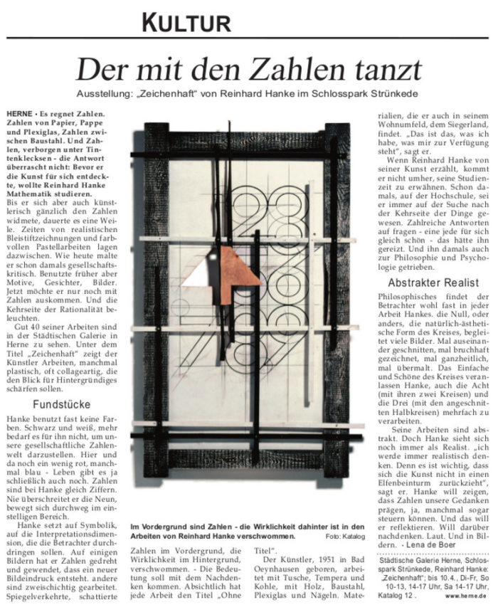 Westfälische_Rundschau Zeitung Zeitungsbericht Der_mit_den_Zahlen_tanzt Stadtgalerie Kunstausstellung Künstler Zahl Plexiglas Mathematik Bleistiftzeichnung Pastell gesellschaftskritisch Rationalität Collage Hintergründiges Zahlenwelt Ziffer Symbolik Interpretationsdimension Semantik Psychologie Philosophie Kunst Realist ganzheitlich