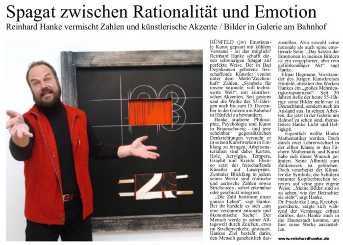 Fuldaer Zeitung Zeitungsbericht Spagat zwischen Rationalität und Emotion Kunstverein Kunstausstellung Künstler Kunst Zahl Symbol Philosophie Psychologie Kunsthochschule Braunschweig Karton Holz Acrylglas Tempera Graphit Kreide freischaffend Laserprint Strichcode Zeichen ganzheitlich Licht Mathematiker Zahlenwerk Symbol
