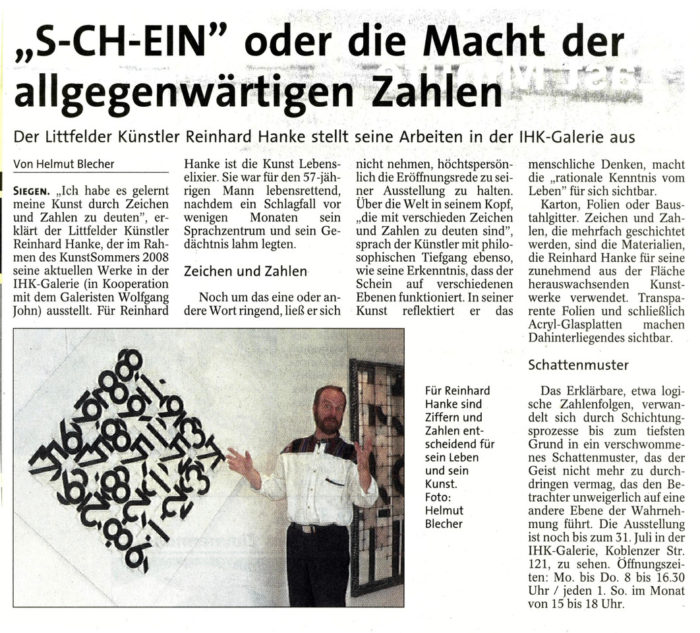 Siegener_Zeitung SZ Zeitungsbericht Schein_oder_die_Macht_der_allgegenwärtigen_Zahlen Kunstausstellung Künstler Schein Macht Zeichen Zahl Kunst Lebenselixier Schlaganfall Sprachzentrum Gedächtnis philosophisch Erkenntnis reflektiert menschlich Denken rational Baustahlgitter Schichtung Material transparent Acrylglas Schattenmuster Wahrnehmung