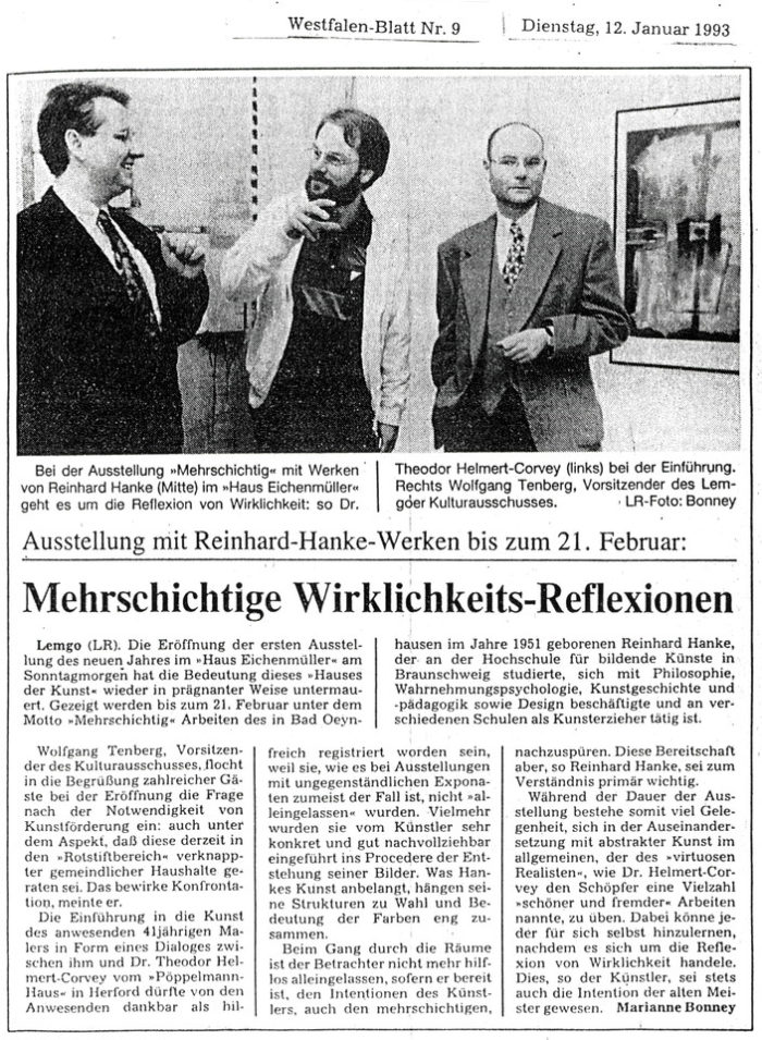 Westfalen_Blatt Zeitung Zeitungsbericht Mehrschichtige_Wirklichkeits_Reflexionen Stadtgalerie Kunstausstellung Künstler Wirklichkeit Reflexion abstrakt Kunst Intention Eichenmüller Braunschweig Hochschule Philosophie Wahrnehmungspsychologie Kunstgeschichte Design ungegenständlich Exponat Struktur Farbe Intention