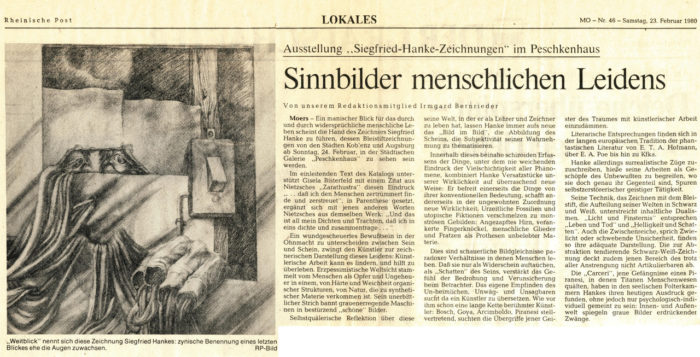 Rheinische_Post Zeitung Zeitungsbericht Sinnbilder_Menschlichen_Leidens Stadtgalerie Kunstausstellung Künstler Sinnbild Leiden Zeichner erzpessimistisch Materie Maschine schizoid Vielschichtigkeit Phänomen Versatzstück Wirklichkeit konventionell Semantik Bildgleichnis Schatten Sein Traum Technik Schwarz-Weiß Dualismus Folterkammer