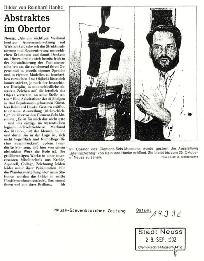 Neuss-Grevenbroicher_Zeitung Zeitungsbericht Abstraktes_im_Obertor Clemens-Sels-Museum Kunstausstellung Künstler Wirklichkeit Strukturalisierung Segmentierung Fachwissenschaften Sprache Modell Objekt Disziplin Zeichen Arbeitsthese Malerei Nicht-Begriffliches Mischtechnik Kreide Aquarell Collage Zeichnung Wanderausstellung Brillianz