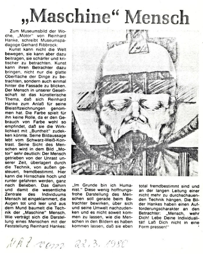 NRZ Zeitung Zeitungsbericht Maschine_Mensch Kunstverein Kunstausstellung Künstler Maschine Mensch Kunst Welt kritisch Oberfläche Dinge Fassade Gesellschaft Thema Bleistiftzeichnung Wirklichkeit Bildaussage Schwarz-Weiß Sicht Unrast Zeit Technik gesteuert fremdbestimmt Individuum Humanist Umwelt nachdenken Anforderungscharakter Betrachter