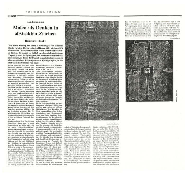 Diabolo Zeitung Magazin Zeitungsbericht Malen_als_Denken_in_abstrakten_Zeichen Landesmuseum Kunstausstellung Künstler Katalog Diskrepanz Symbol Technik Struktur Chiffre Nicht-Begriffliches existenziell Denkmodell Zeichensystem Modell Struktur Phantasie Rezipient Phantasie Kunst System Zeichensprache Transparenz Katalogtext kontemplativ