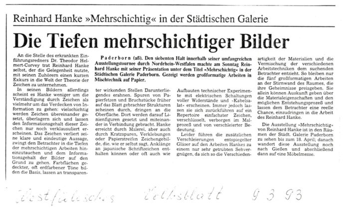 Westfälisches_Volksblatt Zeitung Presse Zeitungsbericht Die_Tiefen_mehrschichtiger_Bilder Stadtgalerie Kunstausstellung Künstler mehrschichtig Bild Ausstellungstournee Präsentation Mischtechnik Welt Theorie Zeichen Information überlagern Aussage Struktur Repertoire verschlüsselt Geheimnis Materialeigenschaft Entstehungsprozess