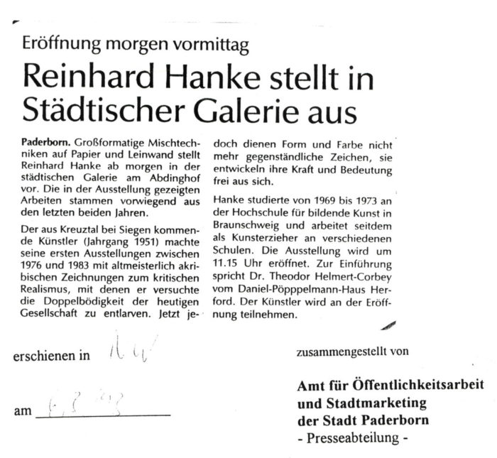 Neue_Westfälische Zeitung Presse Zeitungsbericht Reinhard_stellt_in_städtischer_Galerie_aus Stadtgalerie Kunstausstellung Eröffnung Künstler Großformat Mischtechnik Papier Leinwand Realismus Zeichen Bedeutung Hochschule Braunschweig