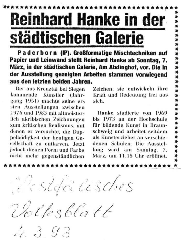 Westfälisches_Volksblatt Zeitung Presse Zeitungsbericht Reinhard_Hanke_in_der_städtischen_Galerie Stadtgalerie Kunstausstellung Künstler Großformat Mischtechnik Realismus Doppelbödigkeit Gesellschaft Form Farbe Zeichen Kunsthochschule Braunschweig