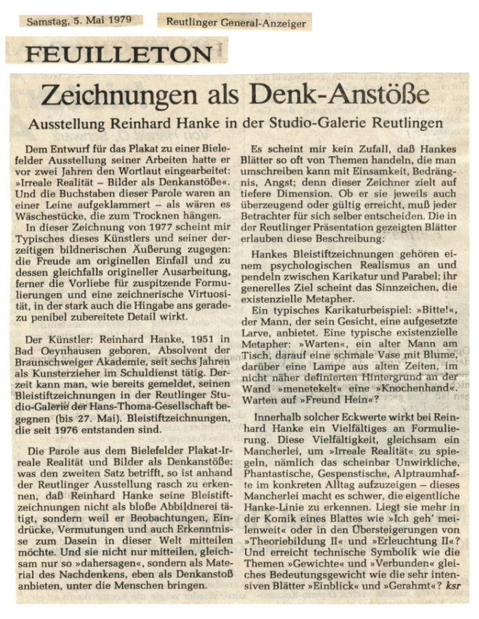 Reutlinger_General-Anzeiger Zeitung Feuilleton Zeitungsbericht Zeichnungen_als_Denk-Anstöße Thoma-Gesellschaft Kunstausstellung Künstler Zeichnung Denkanstoß Realität Formulierung Virtuosität Braunschweig Akademie Bleistiftzeichnung Material Angst psychologisch Karikatur Parabel Sinnzeichen existenziell Metapher Menetekel Symbolik