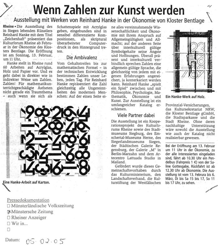 Münstersche_Zeitung Zeitungsbericht Wenn_Zahlen_zur_Kunst_werden Kulturforum Ökonomie Kloster_Bentlage Kunstausstellung Künstler zeichenhaft Acrylglas Schattenspiel Komposition Computerdruck Angst Hoffnung Philosophie Psychologie Mathematik Kunst Wanderausstellung Katalog Kooperation Kulturministerium Kultursekretariat Landschaftsverband Kulturstiftung Provinzial-Versicherung