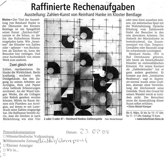 Münstersche_Zeitung Kultur überregional Zeitungsbericht Raffinierte_Rechenaufgaben Kulturforum Ökonomie Kloster_Bentlage Kunstausstellung Künstler Zahlenkunst Spiegelbild zeichenhaft Zahl Buchstaben Zeichen Denkgebäude Acrylglas Collage Relief Plastik Laserdruck Zahlenwerk Mischobjekt Realismus expressiv surreal Grafik Zeichenwelt