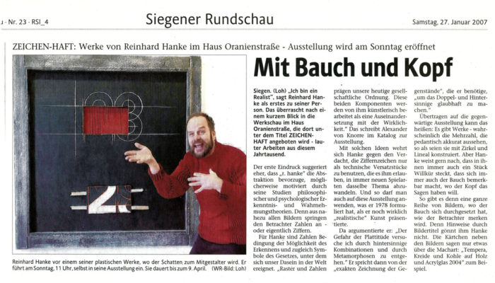 Siegener_Rundschau Zeitung Zeitungsbericht Mit_Bauch_und_Kopf Ausstellungsforum Museum Kunstausstellung Künstler Realist Abstraktion Philosophie Psychologie Erkenntnistheorie Wahrnehmungstheorie Zahl Ziffer Erkennen Symbol Raster Gesellschaft Ordnung Komponente Wirklichkeit Katalog künstlerisch Ideen Kombination Metamorphose