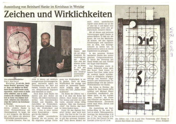 Wetzlarer_Neue_Zeitung WNZ Zeitungsbericht Zeichen_und_Wirklichkeiten Kunstausstellung Kreishaus Künstler Zahl Mathematik Zeichnung Struktur Exponat Zahl Ziffern abstrakt Konstruktion digital Zeitalter Denkmodell Symbol Aspekt kreativ Ebene Vernetzung Kunst Mathematik Assoziation Computerausdruck Stereotyp Individualität Philosophie