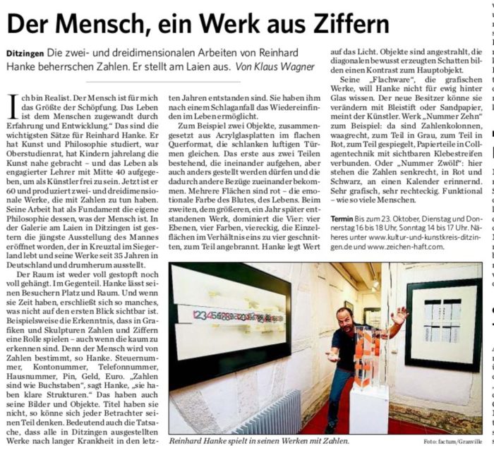 Stuttgarter_Zeitung Zeitungsbericht Der_Mensch_ein_Werk_aus_Ziffern Presse Kunstausstellung Künstler Stadtgalerie Kunstkreis Realist Kunst Philosophie Zahl Ziffern Struktur Schlaganfall Leben Objekt Skulptur Graphik Acrylglas emotional transparent Licht Lichtspiel Schatten Farbe Raum dreidimensional zweidemensional Objektkunst Konzeptkunst