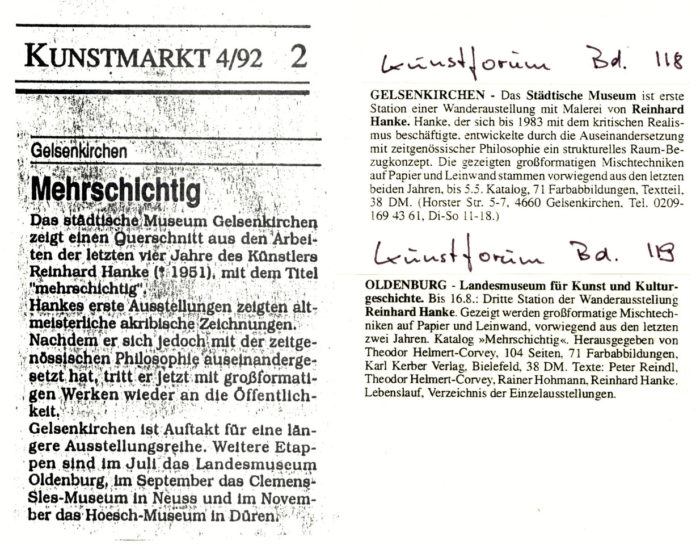 Kunstmarkt Zeitung Zeitungsbericht „mehrschichtig“ Kunstausstellung Museum Künstler Zeichnung zeitgenössische_Philosophie Öffentlichkeit Ausstellungsreihe Etappe Landesmuseum_Oldenburg Clemens-Sels_Museum Neuss Hoesch-Museum Düren Raum-Bezug-Konzept Mischtechnik Papier Leinwand Katalog