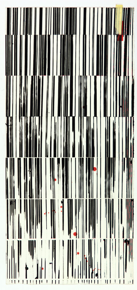 moderne Kunst Tuschezeichnung Barcode abstrahiert kryptisch variiert systematisiert parallel normiert Blutstropfen schwarz-weiß virtuos standardisiert Auflösung Veränderung Maschinenschrift Kryptografie Transformation Transkription Stereotyp Umformung Variation Transkription Nicht-Begriffliches Modell Konzeptkunst