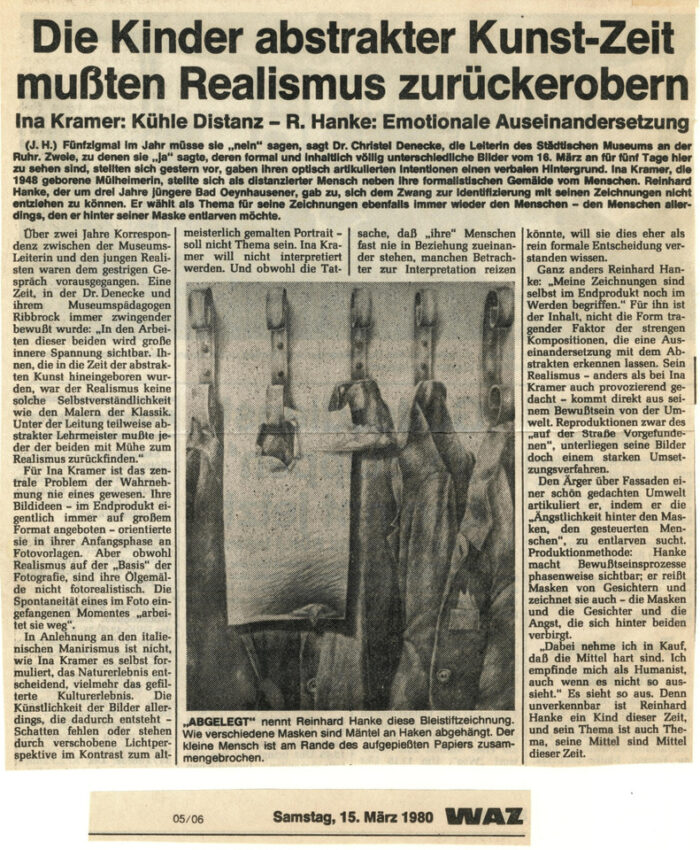 WAZ Westdeutsche Allgemeine Zeitung Presse Kunstausstellung Kunstmuseum Mülheim "Die Kinder abstrakter Kunst-Zeit mussten Realismus zurückerobern"