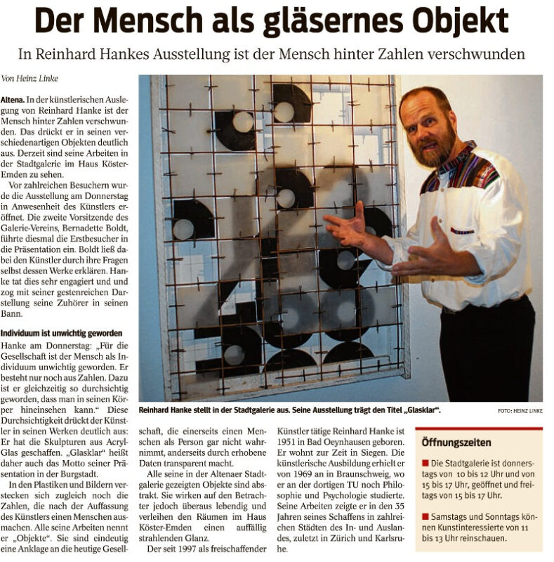 Rezension Kunstausstellung Stadtgalerie Zeichenhaft Zeitungsartikel Südwestfalen Nachrichten Zeitung Westfalen Altena Zahlen Symbol Interpretation Wirklichkeit