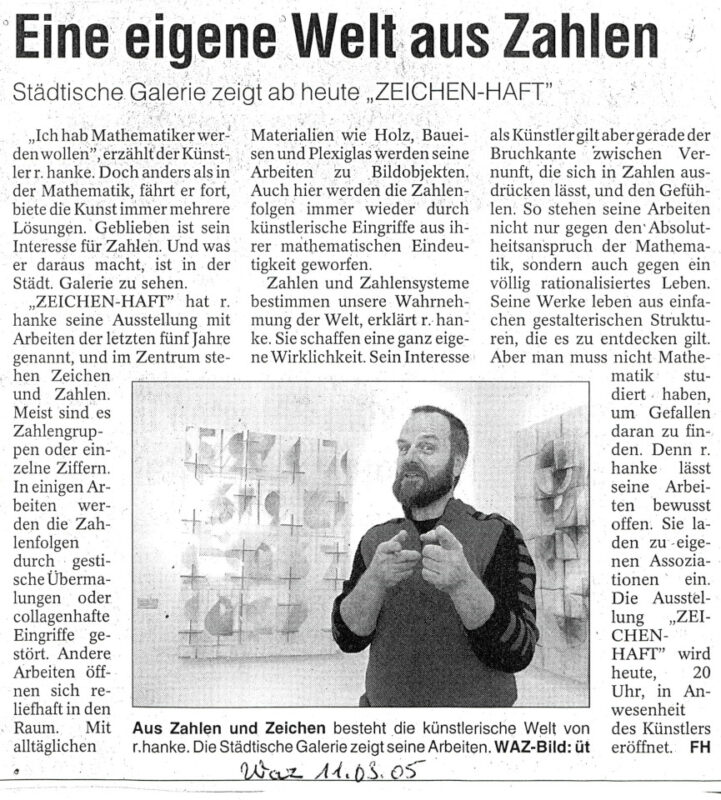 Rezension Kunstausstellung Stadtgalerie Zeichenhaft Zeitungsartikel WAZ Zeitung Westfalen Herne Zahlen Symbol Interpretation Wirklichkeit