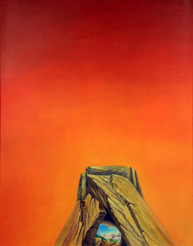moderne Kunst Kunstwerk Malerei kontrastreich starkfarbig unkonventionelle emotionalisiert realistisch präzise Geborgenheit Traum Fiktion Metapher Imagination Fantasie Höhle Schutz Heimat rot branstig Feuer Illusion Assoziation Kombinatorik Vision Symbol Gesellschaftskritik