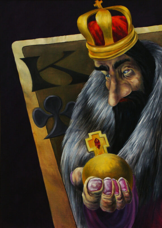 moderne Kunst Kunstwerk Malerei Kreuz-König dreidimensional kontrastreich starkfarbig unkonventionell emotionalisiert realistisch präzise Fiktion Kombinatorik Metapher Umdeutung Imagination Fantasie Illusion Assoziation Kombinatorik Vision Symbol Gesellschaftskritik