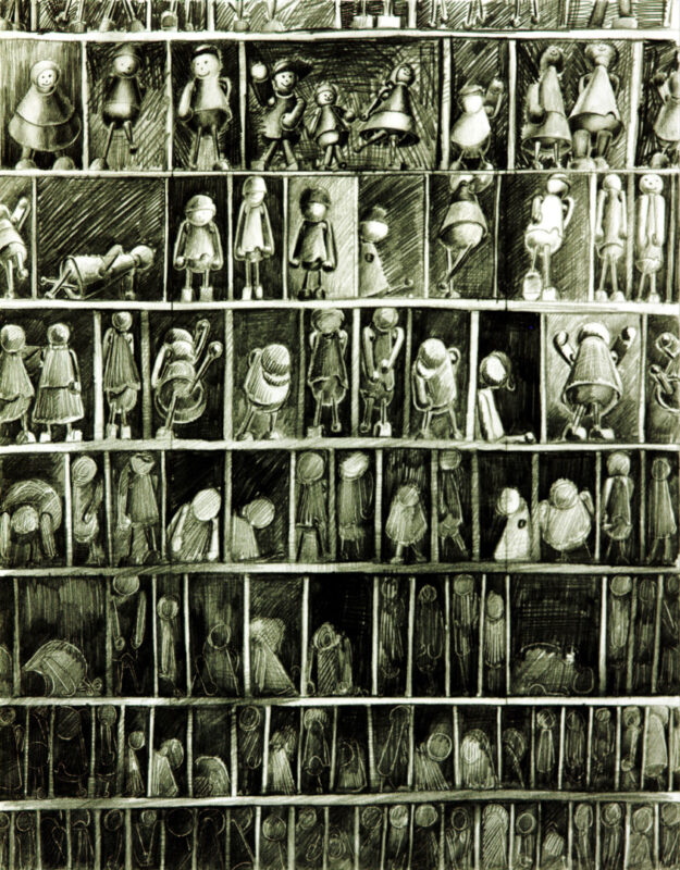 moderne Kunst Kunstwerk Handzeichnung Setzkasten Spielfiguren atypisch Matrix Realität verändert variabel normiert Raster Modifikation manipulieren Umwandlung Illusion Imagination Individualität Inspiration Intuition Fiktion
