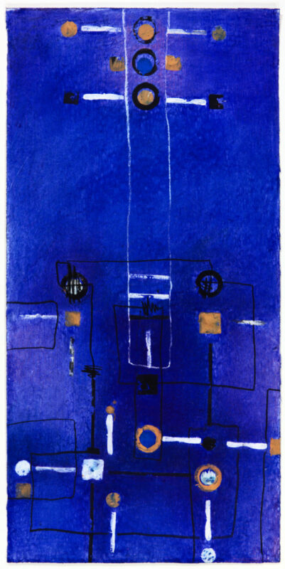 moderne Kunst Kunstwerk Malerei kontrastreich starkfarbig blau unkonventionell emotionalisiert Symbol Metapher chemische Form umgedeutet präzise dreidimensional Raum Fiktion Imagination Fantasie Illusion Assoziation Kombinatorik Vision Gesellschaftskritik Einbildung